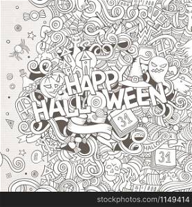 Cartoon cute doodles hand drawn Happy Halloween illustration. Bright colors picture with holiday theme items.. Cartoon cute doodles hand drawn Happy Halloween illustration