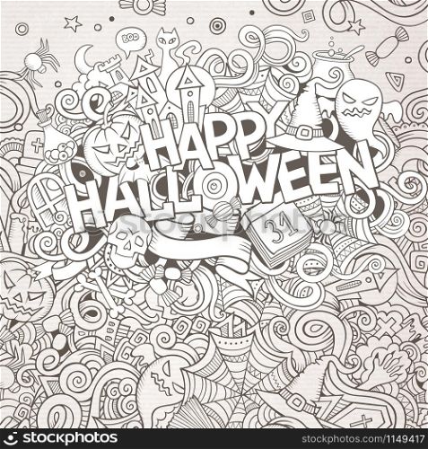 Cartoon cute doodles hand drawn Happy Halloween illustration. Bright colors picture with holiday theme items.. Cartoon cute doodles hand drawn Happy Halloween illustration