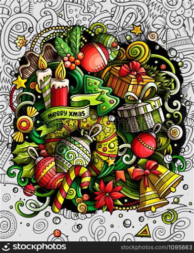 Cartoon cute doodles hand drawn Happy New Year design. Colorful detailed, with lots of objects background. Funny vector illustration. Bright colors art with Christmas items. Cartoon cute doodles Happy New Year illustration