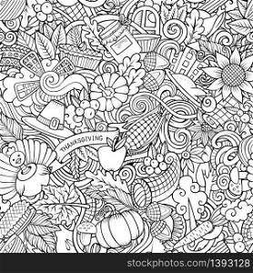 Cartoon cute doodles hand drawn Happy Thanksgiving seamless pattern. Line art detailed, with lots of objects background. Endless funny vector illustration. All objects separate.. Cartoon cute doodles hand drawn Happy Thanksgiving seamless pattern