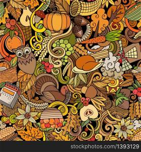Cartoon cute doodles hand drawn Happy Thanksgiving seamless pattern. Colorful detailed, with lots of objects background. Endless funny vector illustration. All objects separate.. Cartoon cute doodles hand drawn Happy Thanksgiving seamless pattern