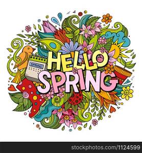 Cartoon cute doodles hand drawn Hello Spring word. Colorful illustration. Line art detailed, with lots of objects background. Funny vector artwork. Cartoon cute doodles hand drawn Hello Spring illustration