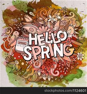 Cartoon cute doodles hand drawn Hello Spring word. Colorful watercolor illustration. Line art detailed, with lots of objects background. Funny vector artwork. Cartoon cute doodles hand drawn Hello Spring illustration