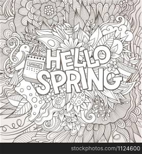 Cartoon cute doodles hand drawn Hello Spring word. Sketchy illustration. Line art detailed, with lots of objects background. Funny vector artwork. Cartoon cute doodles hand drawn Hello Spring illustration