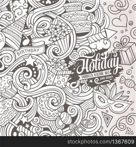 Cartoon cute doodles hand drawn Holidays frame design. Line art detailed, with lots of objects background. Funny vector illustration. Sketchy border with Birthday theme items. Cartoon hand-drawn doodles holidays illustration