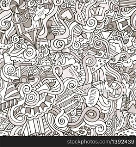 Cartoon cute doodles hand drawn holidays seamless pattern. Contour detailed, with lots of objects background. Endless funny vector illustration. Line art backdrop. Cartoon doodles hand drawn holidays seamless pattern