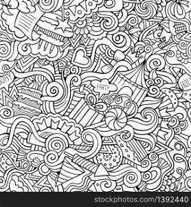 Cartoon cute doodles hand drawn holidays seamless pattern. Contour detailed, with lots of objects background. Endless funny vector illustration. Line art backdrop. Cartoon doodles hand drawn holidays seamless pattern