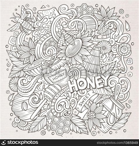 Cartoon cute doodles hand drawn Honey illustration. Line art detailed, with lots of objects background. Funny vector artwork.. Cartoon cute doodles Honey illustration