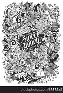 Cartoon cute doodles hand drawn Honey illustration. Line art detailed, with lots of objects background. Funny vector artwork.. Cartoon cute doodles Honey illustration