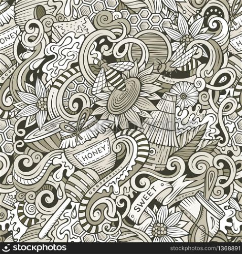 Cartoon cute doodles hand drawn Honey seamless pattern. Line art detailed, with lots of objects background. Endless sketchy funny vector illustration.. Cartoon cute doodles hand drawn Honey seamless pattern