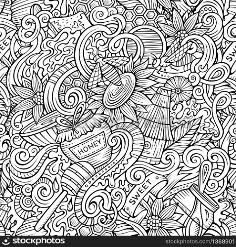 Cartoon cute doodles hand drawn Honey seamless pattern. Line art detailed, with lots of objects background. Endless sketchy funny vector illustration.. Cartoon cute doodles hand drawn Honey seamless pattern
