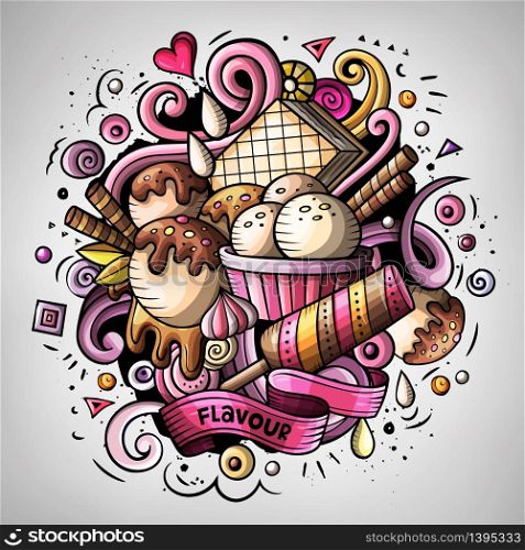 Cartoon cute doodles hand drawn Ice cream illustration. Colorful detailed, with lots of objects background. All items are separate. Funny vector artwork. Cartoon cute doodles hand drawn Ice cream illustration