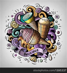 Cartoon cute doodles hand drawn Ice cream illustration. Colorful detailed, with lots of objects background. All items are separate. Funny vector artwork. Cartoon cute doodles hand drawn Ice cream illustration