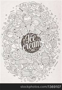 Cartoon cute doodles hand drawn ice cream illustration. Sketchy detailed, with lots of objects background. Funny vector artwork. Line art picture with ice-cream theme items. Cartoon doodles ice cream illustration