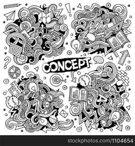 Cartoon cute doodles hand drawn Idea illustration. detailed, with lots of objects background. Funny vector artwork. Bright colors picture with Concept theme items. Cartoon cute doodles hand drawn Idea illustration