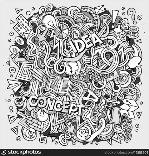 Cartoon cute doodles hand drawn Idea illustration. Line art detailed, with lots of objects background. Funny vector artwork. Vintage picture with Concept theme items. Cartoon cute doodles hand drawn Idea illustration