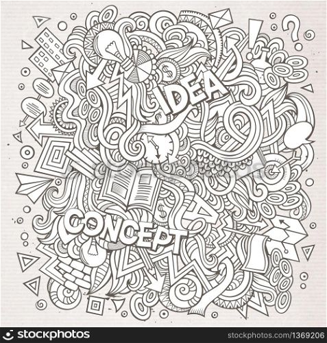 Cartoon cute doodles hand drawn Idea illustration. Line art detailed, with lots of objects background. Funny vector artwork. Vintage picture with Concept theme items. Cartoon cute doodles hand drawn Idea illustration