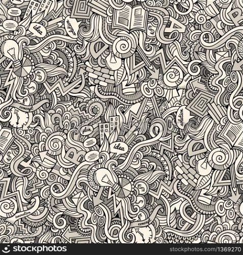 Cartoon cute doodles hand drawn Idea seamless pattern. Line art detailed, with lots of objects background. Endless funny vector illustration. Sketchy backdrop. Cartoon cute doodles hand drawn Idea seamless pattern