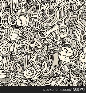 Cartoon cute doodles hand drawn Idea seamless pattern. Line art detailed, with lots of objects background. Endless funny vector illustration. Sketchy backdrop. Cartoon cute doodles hand drawn Idea seamless pattern