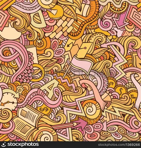 Cartoon cute doodles hand drawn Idea seamless pattern. Colorful detailed, with lots of objects background. Endless funny vector illustration. Cartoon cute doodles hand drawn Idea seamless pattern