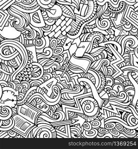 Cartoon cute doodles hand drawn Idea seamless pattern. Contour detailed, with lots of objects background. Endless funny vector illustration. Line art backdrop. Cartoon cute doodles hand drawn Idea seamless pattern