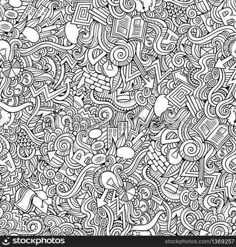 Cartoon cute doodles hand drawn Idea seamless pattern. Contour detailed, with lots of objects background. Endless funny vector illustration. Line art backdrop. Cartoon cute doodles hand drawn Idea seamless pattern