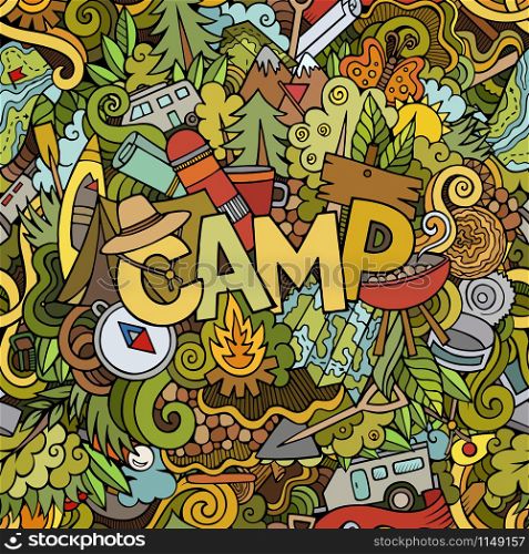 Cartoon cute doodles hand drawn illustration. Bright colors picture with camping theme items. Doodle inscription Camp. Cartoon cute doodles hand drawn illustration.