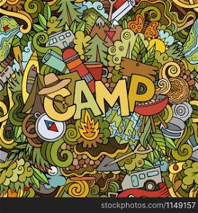 Cartoon cute doodles hand drawn illustration. Bright colors picture with camping theme items. Doodle inscription Camp. Cartoon cute doodles hand drawn illustration.