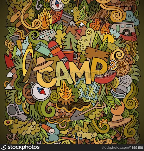 Cartoon cute doodles hand drawn illustration. Bright colors picture with camping theme items. Doodle inscription Camp. Cartoon cute doodles hand drawn illustration