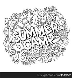 Cartoon cute doodles hand drawn illustration. Bright colors picture with camping theme items. Doodle inscription Summer Camp. Cartoon cute doodles hand drawn illustration