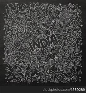 Cartoon cute doodles hand drawn India illustration. Chalkboard detailed, with lots of objects background. Funny vector artwork. Vintage picture with indian culture theme items. Cartoon cute doodles hand drawn India illustration
