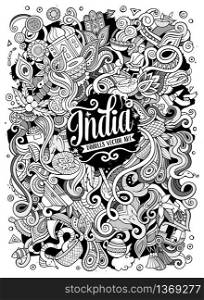 Cartoon cute doodles hand drawn India illustration. Line art detailed, with lots of objects background. Funny vector artwork. Sketchy picture with indian culture theme items. Cartoon cute doodles hand drawn India illustration