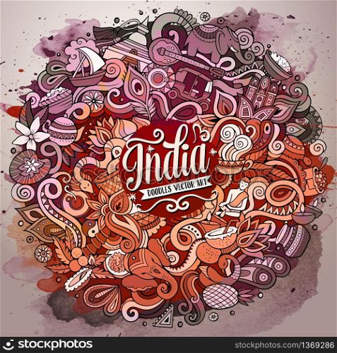 Cartoon cute doodles hand drawn India illustration. Watercolor detailed, with lots of objects background. Funny vector artwork. Vintage picture with indian culture theme items. Cartoon cute doodles hand drawn India illustration