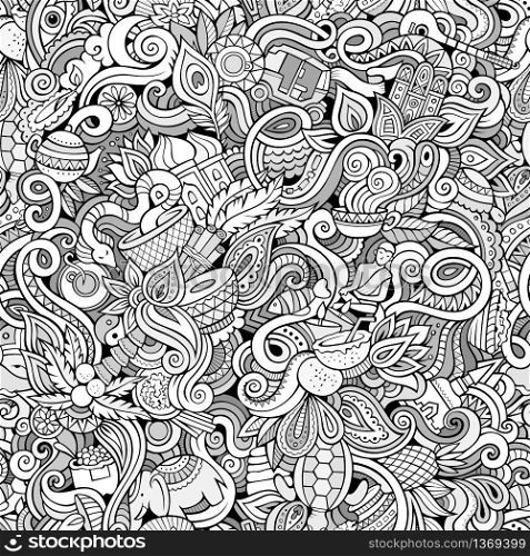Cartoon cute doodles hand drawn Indian culture seamless pattern. Sketchy detailed, with lots of objects background. Endless funny vector illustration. Line art backdrop. Cartoon cute doodles hand drawn Indian culture seamless pattern