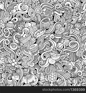 Cartoon cute doodles hand drawn Indian culture seamless pattern. Sketchy detailed, with lots of objects background. Endless funny vector illustration. Line art backdrop. Cartoon cute doodles hand drawn Indian culture seamless pattern