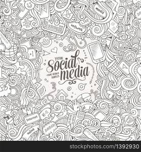 Cartoon cute doodles hand drawn internet illustration. Line art detailed, with lots of objects background. Funny vector artwork. Sketch picture with social media theme items. Square composition. Cartoon vector doodles internet frame