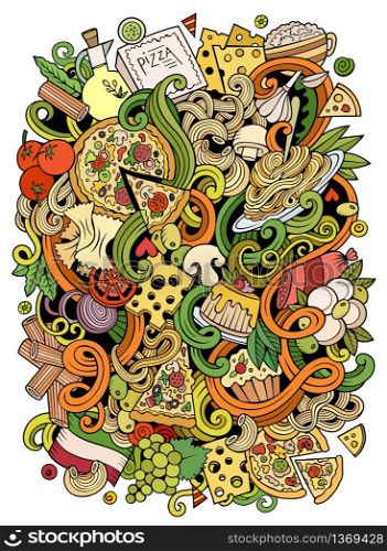 Cartoon cute doodles hand drawn italian food illustration. Colorful detailed, with lots of objects background. Funny vector artwork. Bright picture with Italy cuisine theme items.. Cartoon hand-drawn doodles Italian food illustration