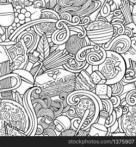 Cartoon cute doodles hand drawn Italian Food seamless pattern. Sketchy detailed, with lots of objects background. Endless funny vector illustration. All objects separate.. Cartoon cute doodles hand drawn Italian Food seamless pattern. S