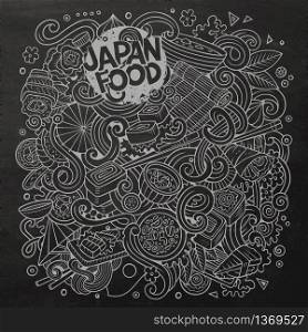 Cartoon cute doodles hand drawn Japan food illustration. Chalkboard detailed, with lots of objects background. Funny vector artwork. Line art picture with japanese cuisine theme items. Cartoon hand-drawn doodles Japan food illustration.