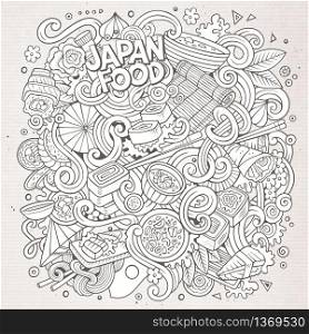 Cartoon cute doodles hand drawn Japan food illustration. Sketchy detailed, with lots of objects background. Funny vector artwork. Line art picture with japanese cuisine theme items. Cartoon hand-drawn doodles Japan food illustration.