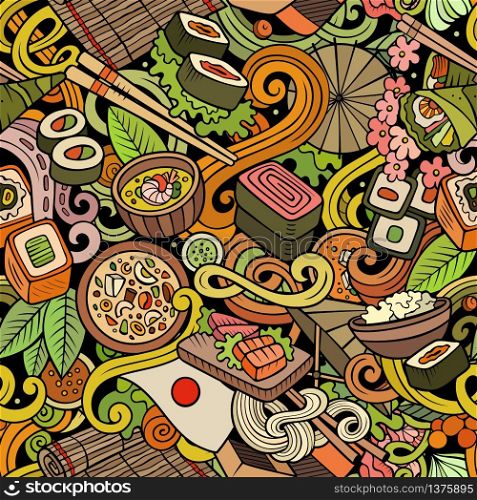 Cartoon cute doodles hand drawn Japan Food seamless pattern. Colorful detailed, with lots of objects background. Endless funny vector illustration. All objects separate.. Cartoon cute doodles hand drawn Japan Food seamless pattern