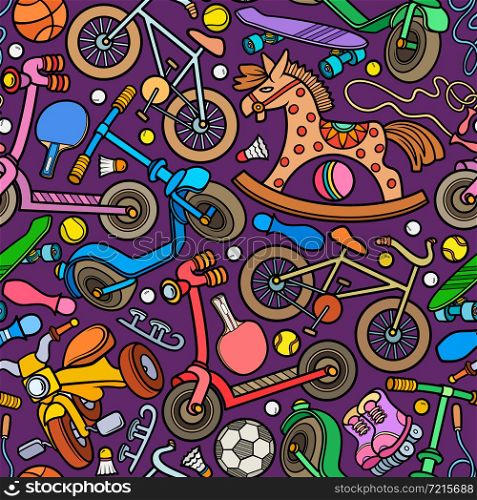 Cartoon cute doodles hand drawn kids games seamless pattern. Many objects vector background. Funny colorful artwork.. Cartoon cute doodles hand drawn kids games seamless pattern.