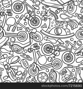 Cartoon cute doodles hand drawn kids games seamless pattern. Many objects vector background. Funny line art artwork.. Cartoon cute doodles hand drawn kids games seamless pattern.