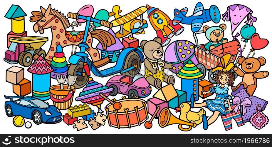 Cartoon cute doodles hand drawn kids toys illustration. Many objects vector background. Funny artwork.. Cartoon cute doodles kids toys illustration