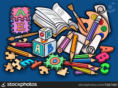 Cartoon cute doodles hand drawn kids toys illustration. Many objects vector background. Funny artwork.. Cartoon cute doodles kids toys illustration