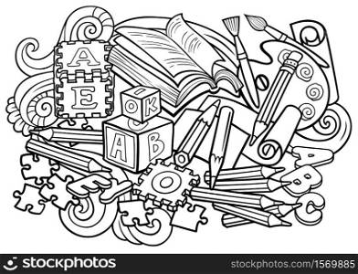 Cartoon cute doodles hand drawn kids toys illustration. Many objects vector background. Funny artwork.. Cartoon doodles hand drawn kids toys illustration.