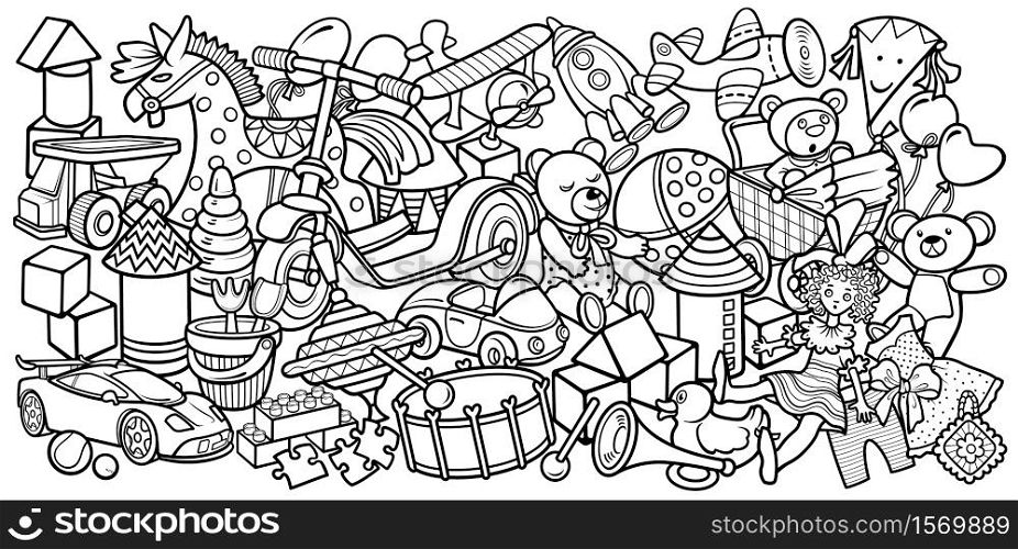 Cartoon cute doodles hand drawn kids toys illustration. Many objects vector background. Funny artwork.. Cartoon doodles hand drawn kids toys illustration.