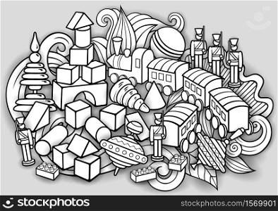 Cartoon cute doodles hand drawn kids toys illustration. Many objects vector background. Funny sketchy artwork.. Cartoon cute doodles kids toys illustration