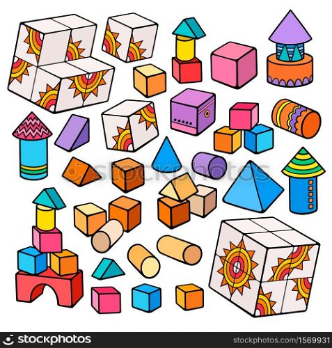 Cartoon cute doodles hand drawn kids toys objects set. Funny artwork.. Cartoon doodles hand drawn kids toys objects set