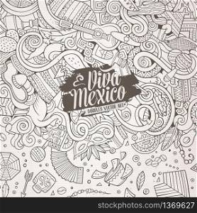Cartoon cute doodles hand drawn latinamerican frame design. Line art detailed, with lots of objects background. Funny vector illustration. Sketchy border with Latin America theme items. Cartoon hand-drawn doodles Latin American frame